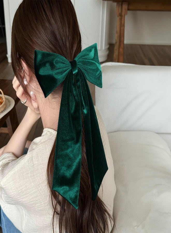melyde 6.5 Inch Velvet Hair Bow Clip Classic Bowknot Ponytail Holder Long Velvet Ribbon Barrette Hair Accessories for Women Girls, Dark Green - Image 2